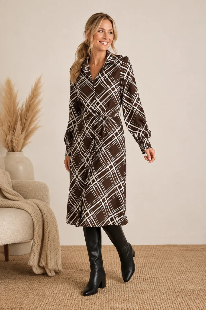 Plaid Ice Crepe Button Down Midi Dress in Chestnut — front view with tied sash and tall boots