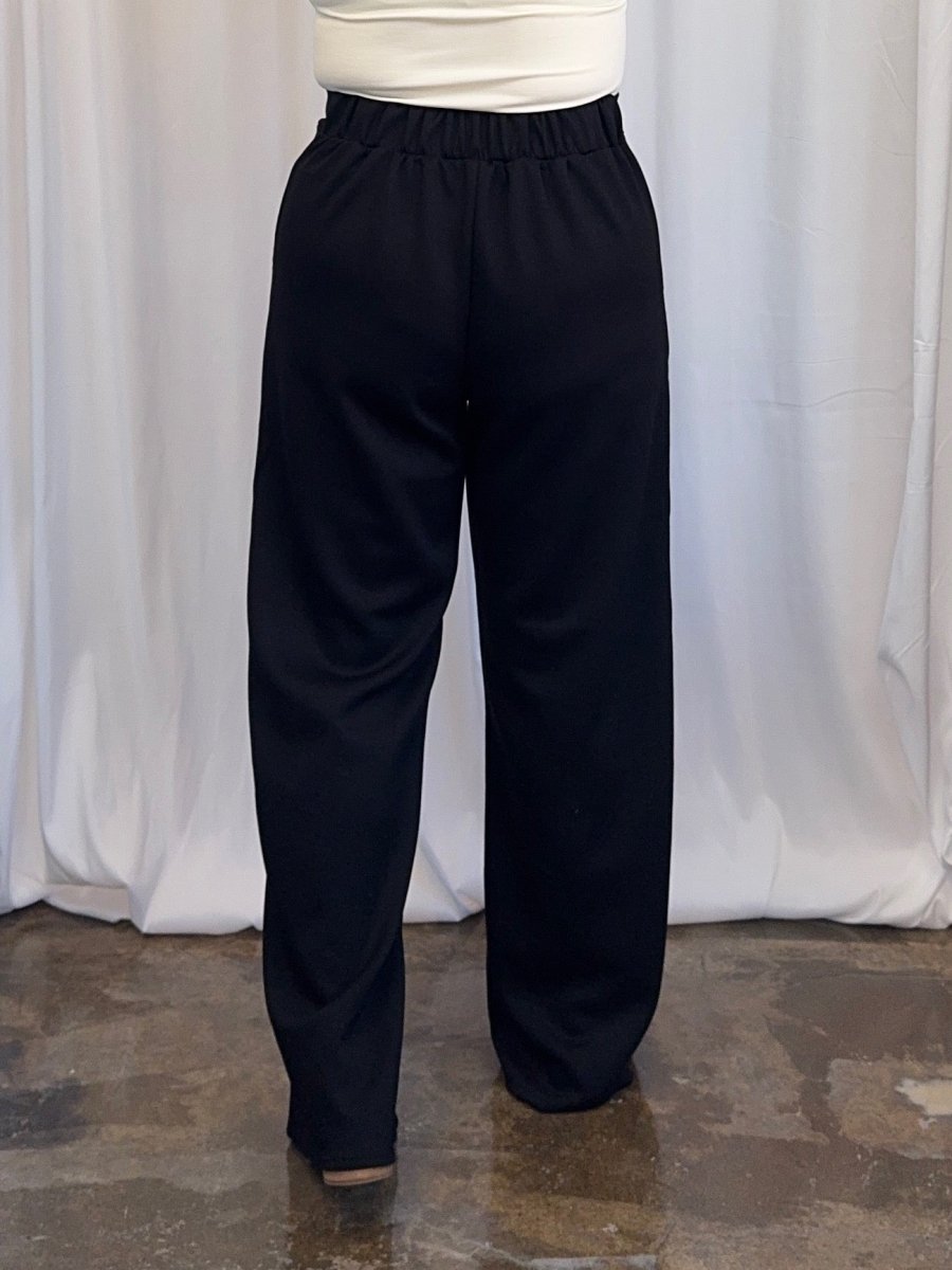Carole Christian Pleated Wide-Leg Scuba Modal Pant in Black, rear view on model showing elastic back waistband and wide-leg drape
