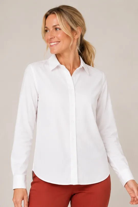 Poplin button Front Top in White — front view showing spread collar, long sleeves, and curved hem
