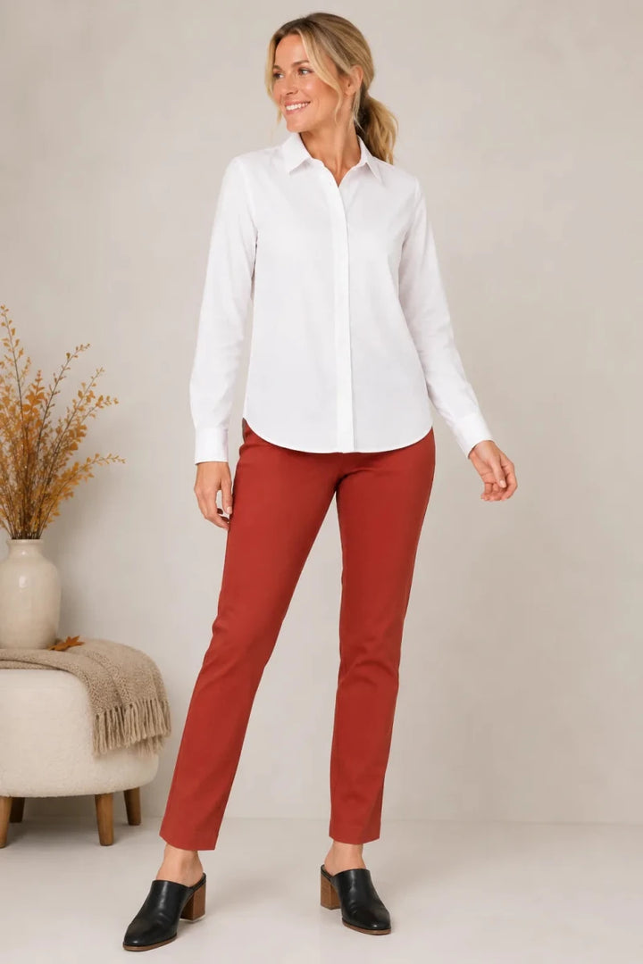 Poplin button Front Top in White — full outfit styled with rust ankle pants and black heeled mules