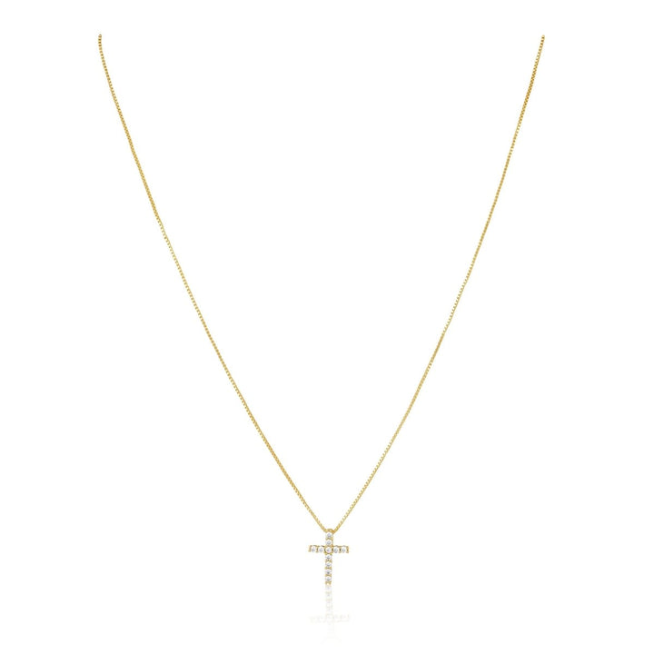 Raya CZ Cross in Gold — fine chain and CZ cross pendant on white
