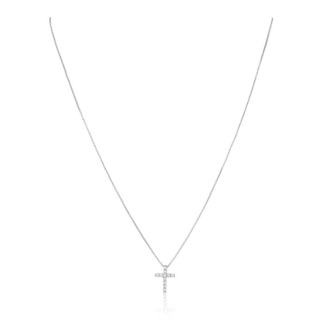 Raya CZ Cross in Silver — fine chain and CZ cross pendant on white