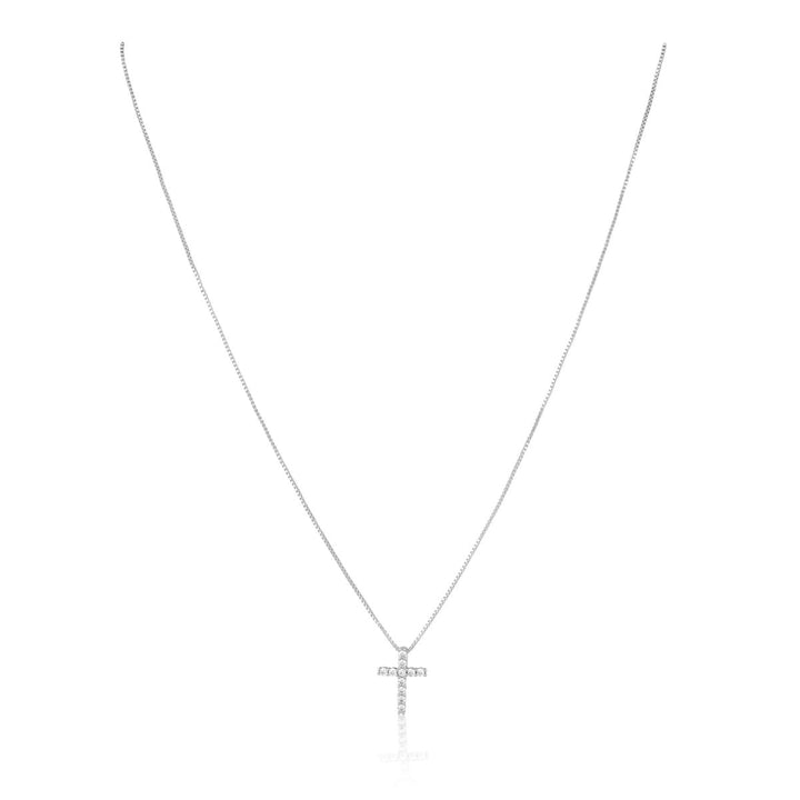 Raya CZ Cross in Silver — fine chain and CZ cross pendant on white