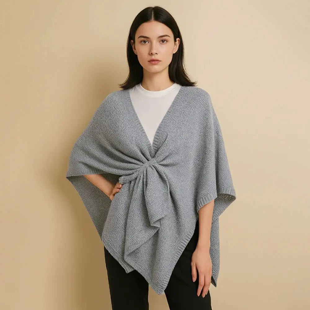 Ribbed Knit Loop Wrap in Gray — front view on model layered over a white tee with black pants
