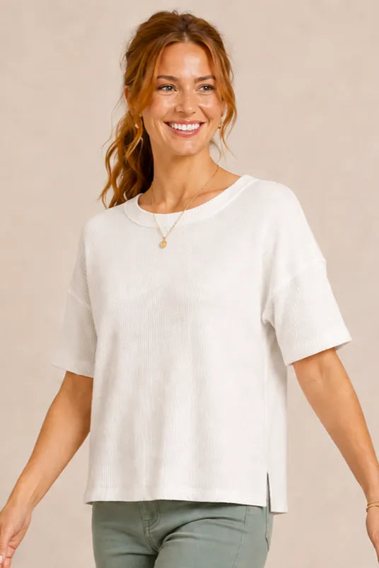 Ribbed Knit Raw-Trim Drop Shoulder Tee in White — front view showing crew neckline and hem vent