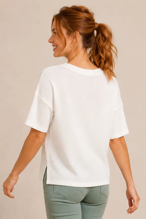 Ribbed Knit Raw-Trim Drop Shoulder Tee in White — rear view showing loose cut and dropped shoulders
