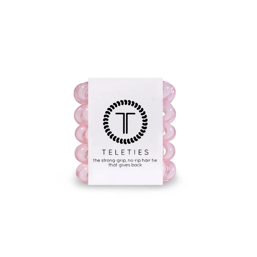 A package of TELETIES tiny pink hair ties designed for kids and fine hair.
