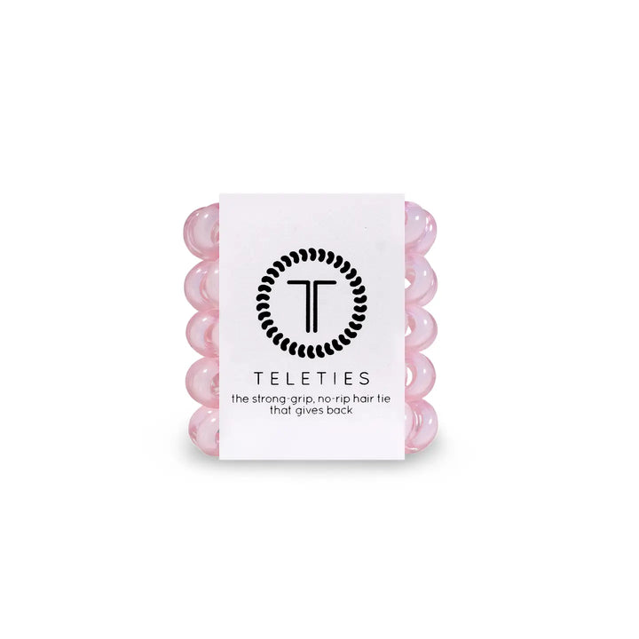 A package of TELETIES tiny pink hair ties designed for kids and fine hair.