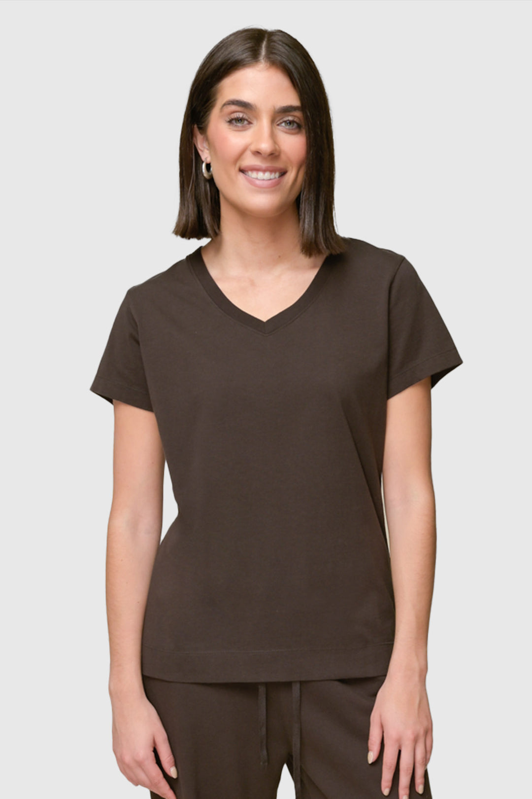 Jersey Knit V-Neck Tee in Graphite — front on-model view showing V-neck, short sleeves and straight hem