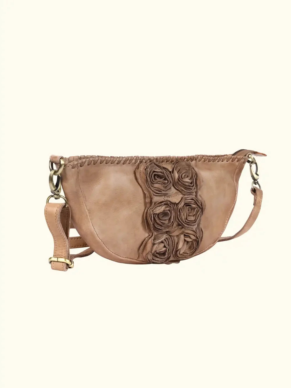 Sluce Washed Leather Bag in Taupe — angled front view with crossbody strap and zip detail