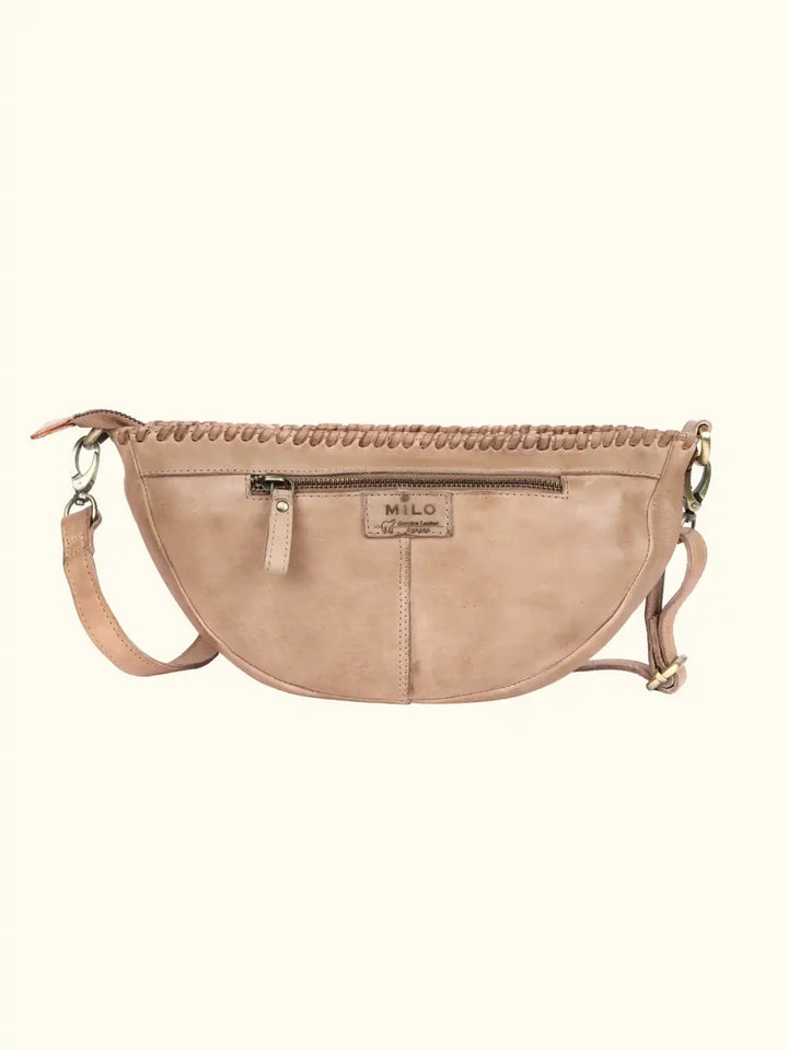 Sluce Washed Leather Bag in Taupe — back view highlighting six dimensional rosette accents