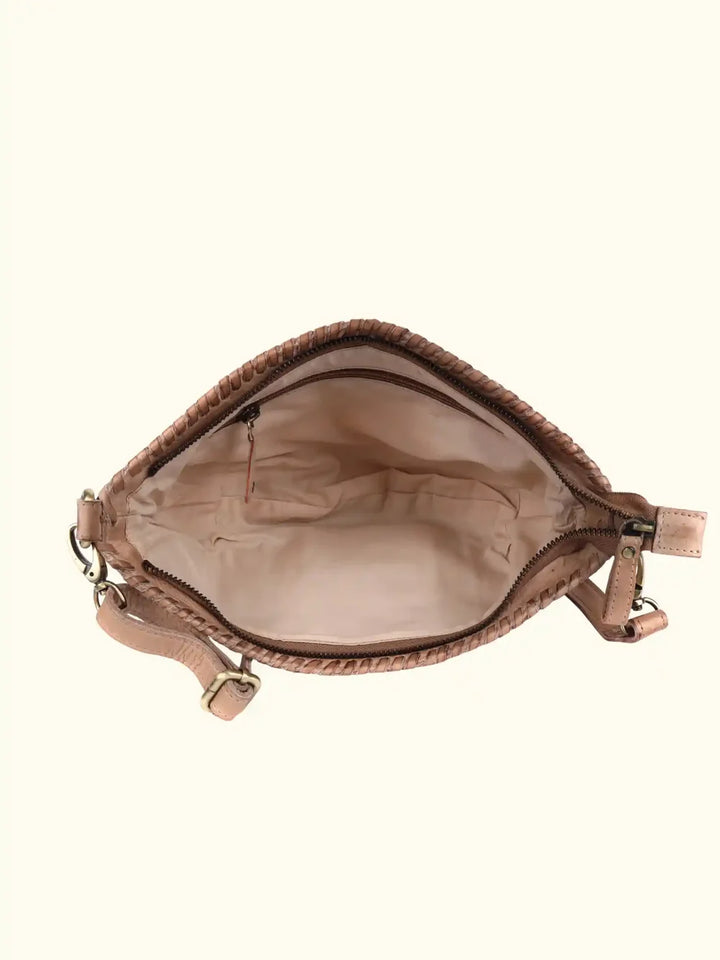 Sluce Washed Leather Bag in Taupe — open interior view showing lining and zip pocket