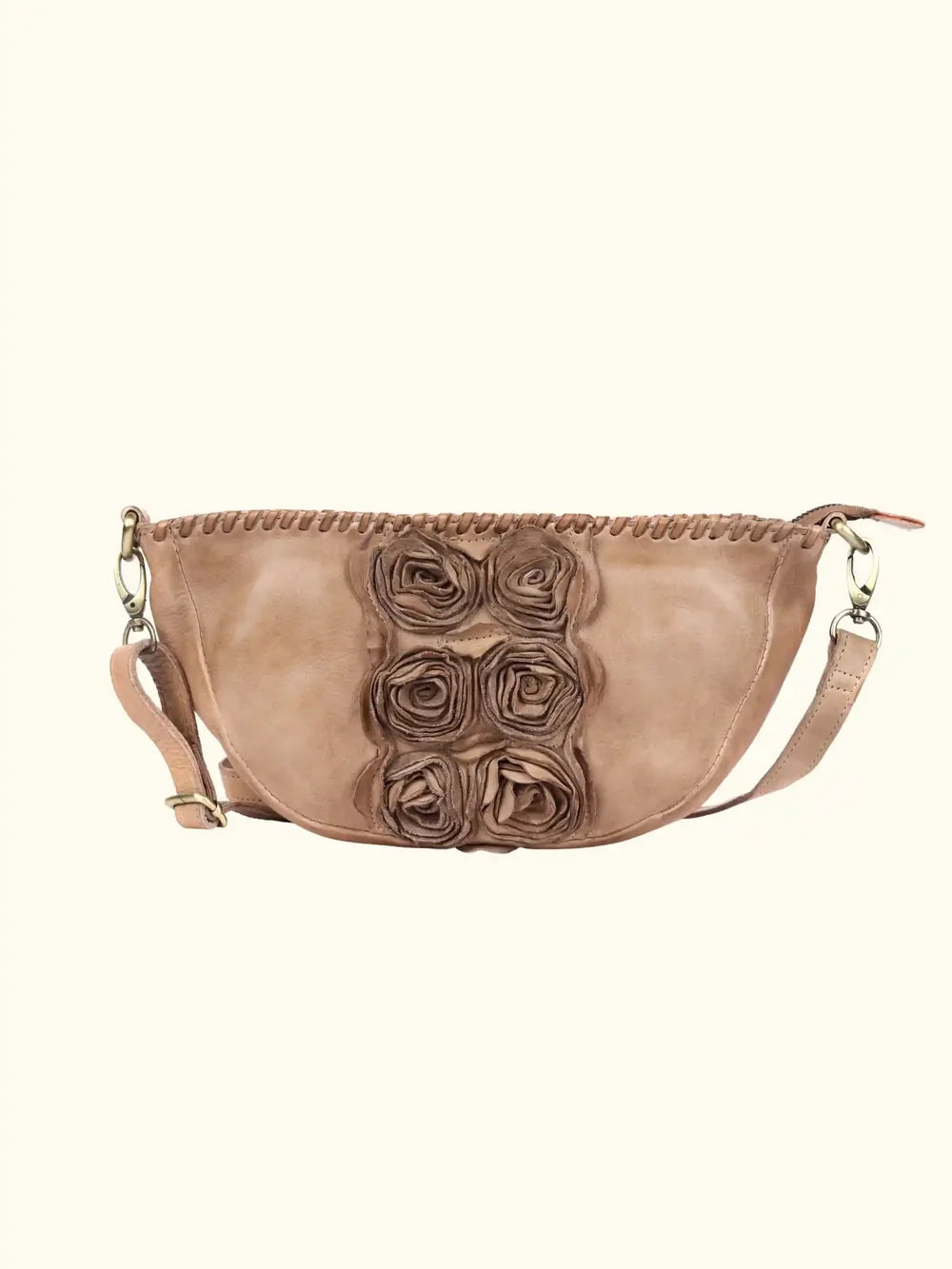 Sluce Washed Leather Bag in Taupe — front three-quarter view showing sculpted silhouette and strap
