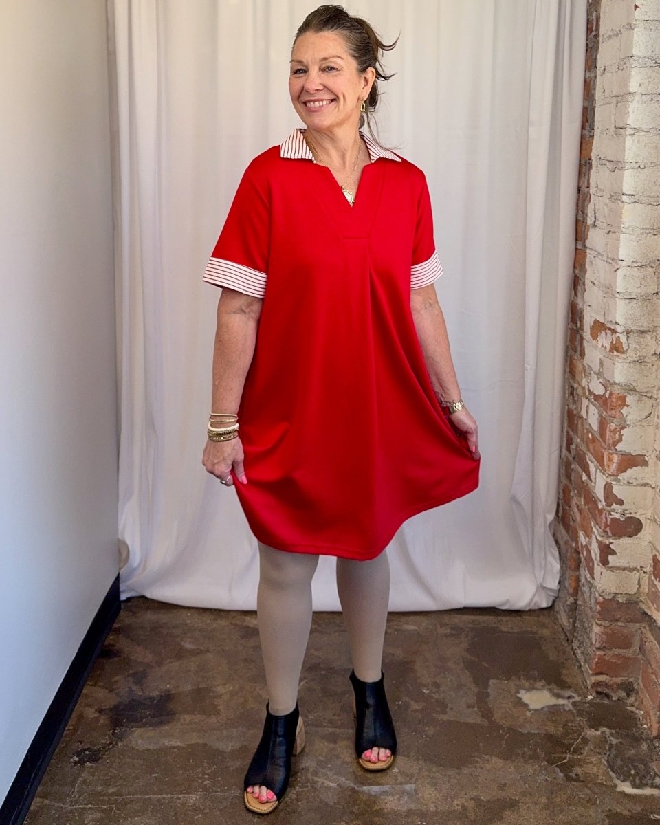 Carole Christian Striped Collar Scuba Dress in Red — full length front view showing contrast striped collar, split V-neckline, and sleeve trim, model wearing Small, Modish Maven Boutique