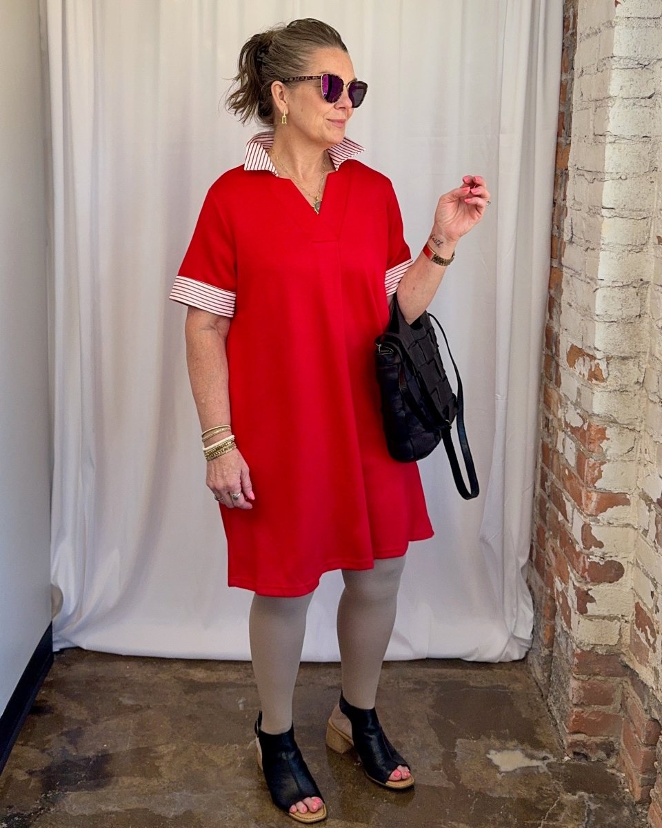 Carole Christian Striped Collar Scuba Dress in Red — front view styled with black handbag and sunglasses, model wearing Small, Modish Maven Boutique