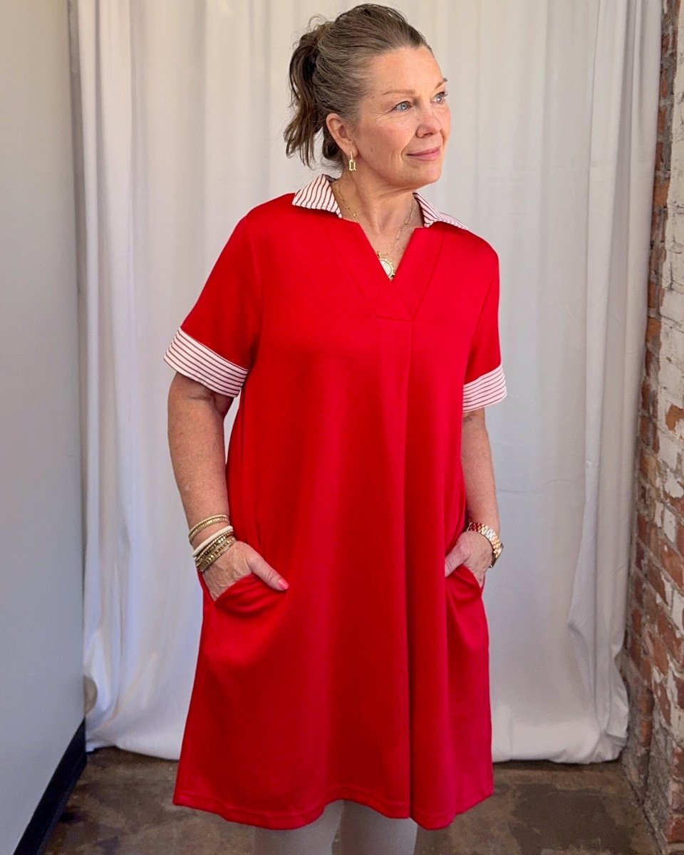 Carole Christian Striped Collar Scuba Dress in Red — front view with hands in pockets showing relaxed shift silhouette and striped collar detail, model wearing Small, Modish Maven Boutique
