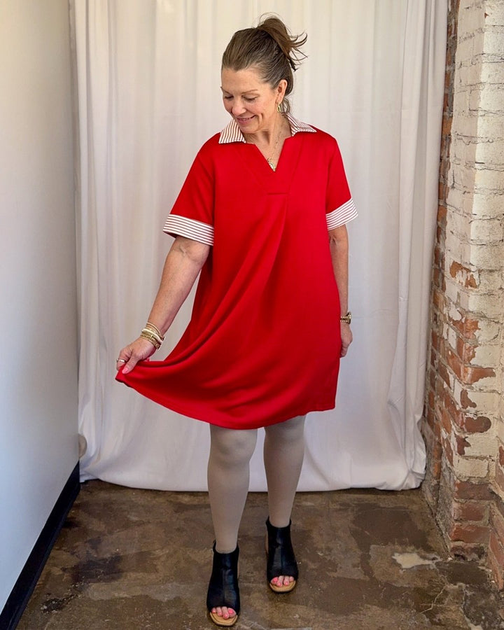 Carole Christian Striped Collar Scuba Dress in Red — front view with hem held out showing A-line movement and scuba fabric drape, model wearing Small, Modish Maven Boutique