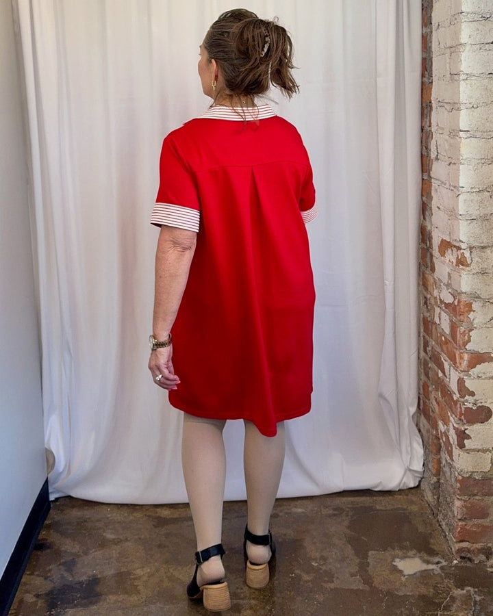 Carole Christian Striped Collar Scuba Dress in Red — full back view showing box pleat detail and contrast striped collar and sleeve cuffs, model wearing Small, Modish Maven Boutique