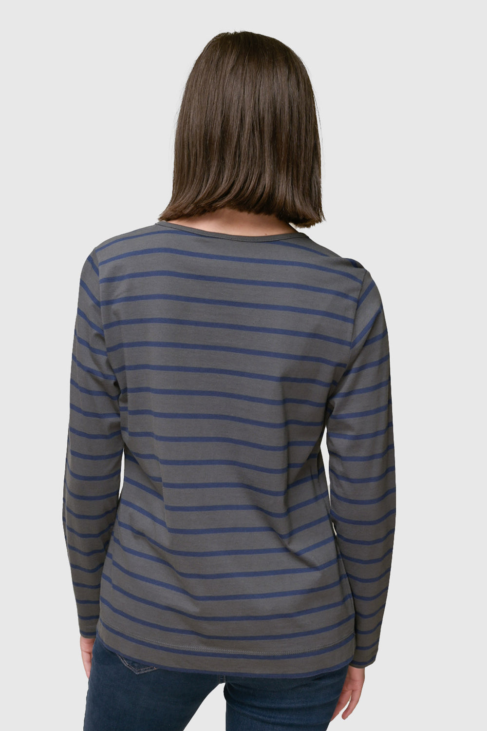 Striped Jersey Knit Crew Neck Tee in Graphite/Indigo — back view showing horizontal stripes and crew neckline