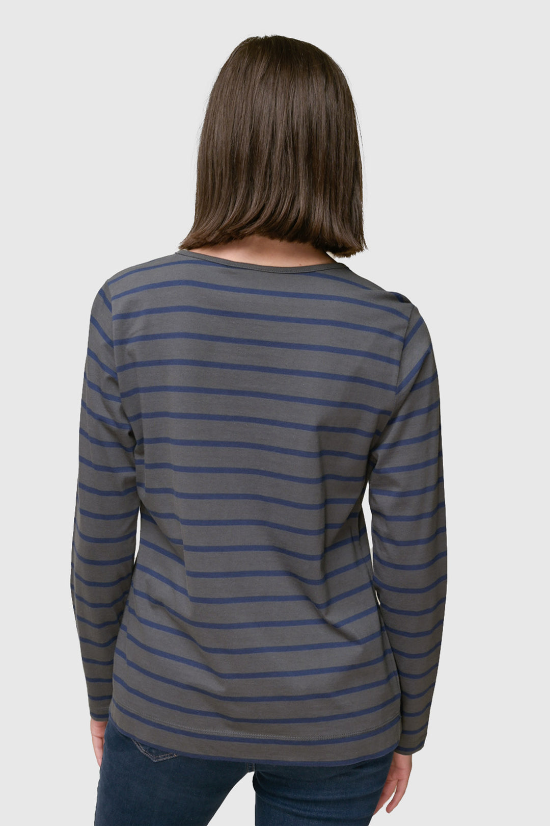 Striped Jersey Knit Crew Neck Tee in Graphite/Indigo — back view showing horizontal stripes and crew neckline