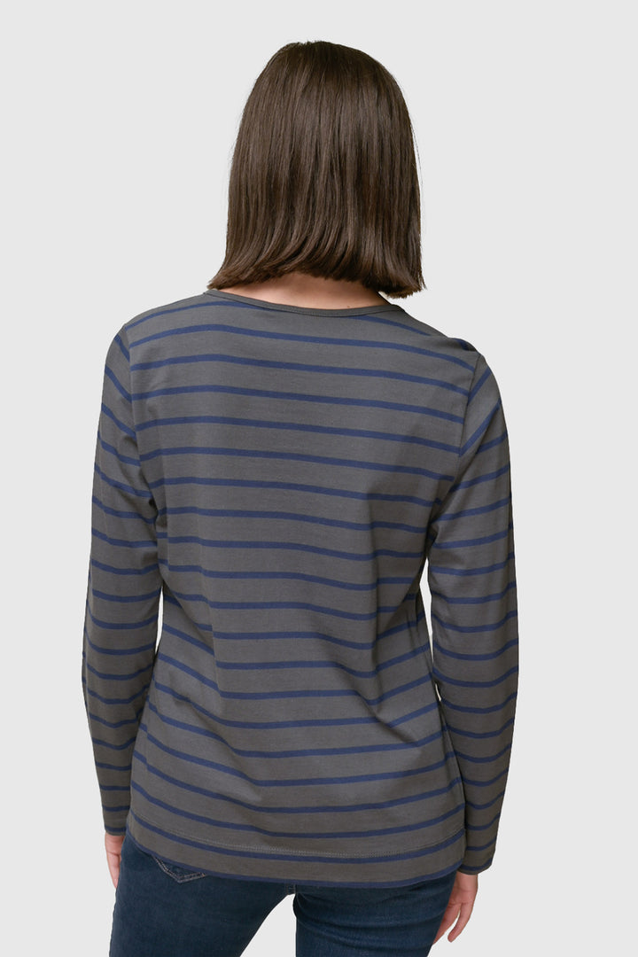 Striped Jersey Knit Crew Neck Tee in Graphite/Indigo — back view showing horizontal stripes and crew neckline
