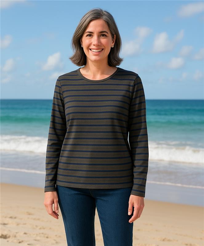 Striped Jersey Knit Crew Neck Tee in Graphite/Indigo — front view on model with long sleeves and straight hem