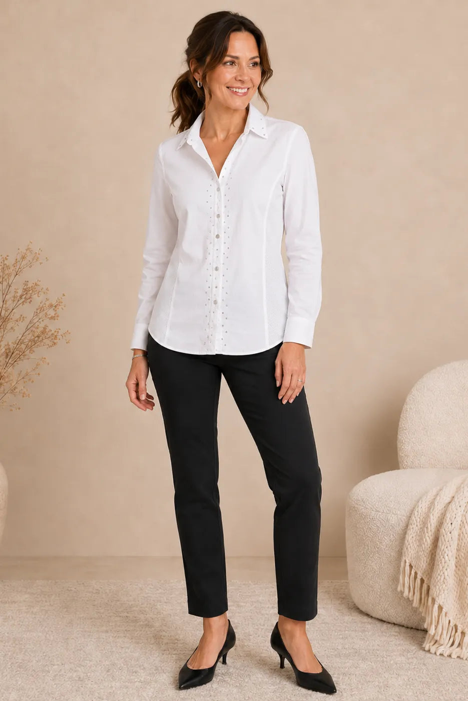 Studded Poplin Button Down Ribbed Knit Sides Top in White — full outfit view with black pants and heels