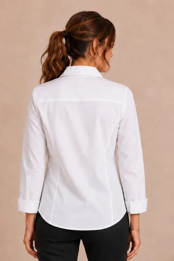 Studded Poplin Button Down Ribbed Knit Sides Top in White — back view showing curved hem and rolled cuffs