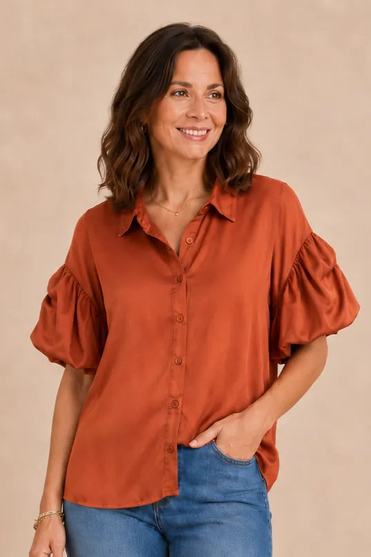 Shirred Puff Sleeve Button-Front Shirt in Bombay Brown — front view showing collar and gathered sleeves