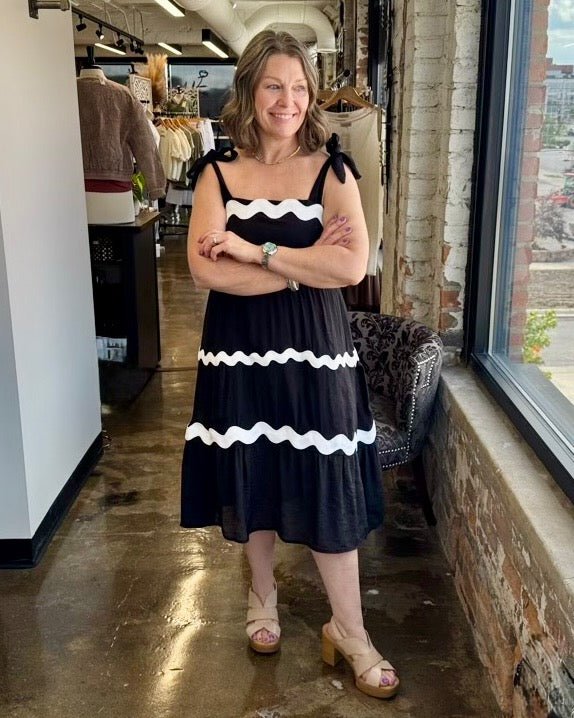 Tissue Faille Ric Rac Dress in Black/White, tiered midi silhouette with ric-rac trim and tie straps, front view on model
