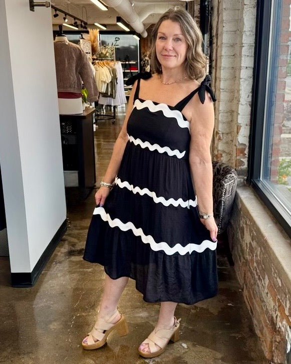 Tissue Faille Ric Rac Dress in Black/White, tiered midi dress with ric-rac stripe detail and tie straps, front view on model
