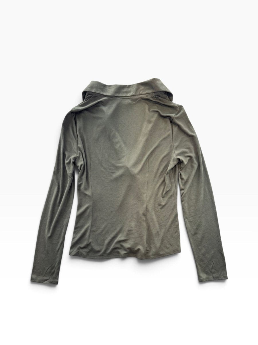 Twist Front Collared Top in Dark Green — back flat lay showing long sleeves and collar