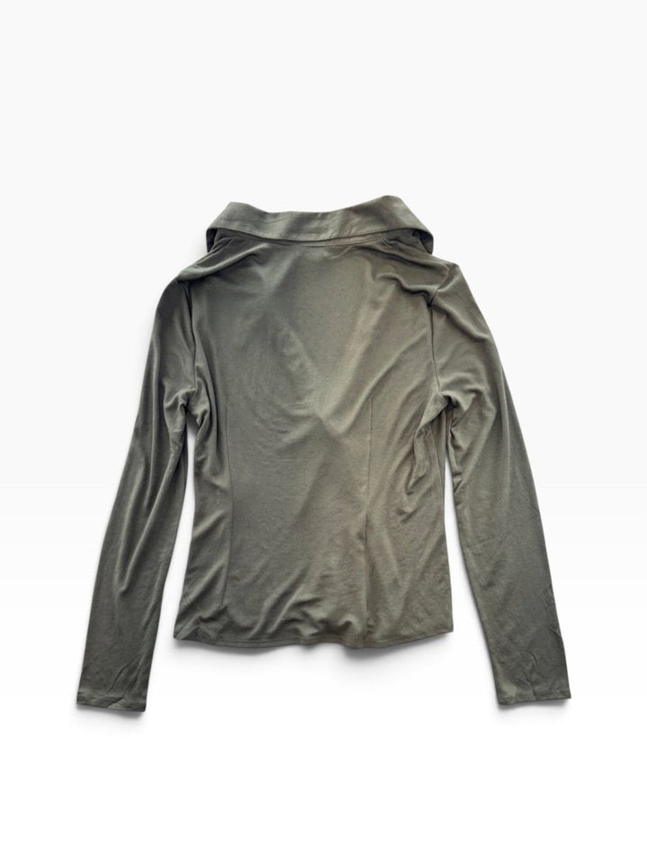 Twist Front Collared Top in Dark Green — back flat lay showing long sleeves and collar