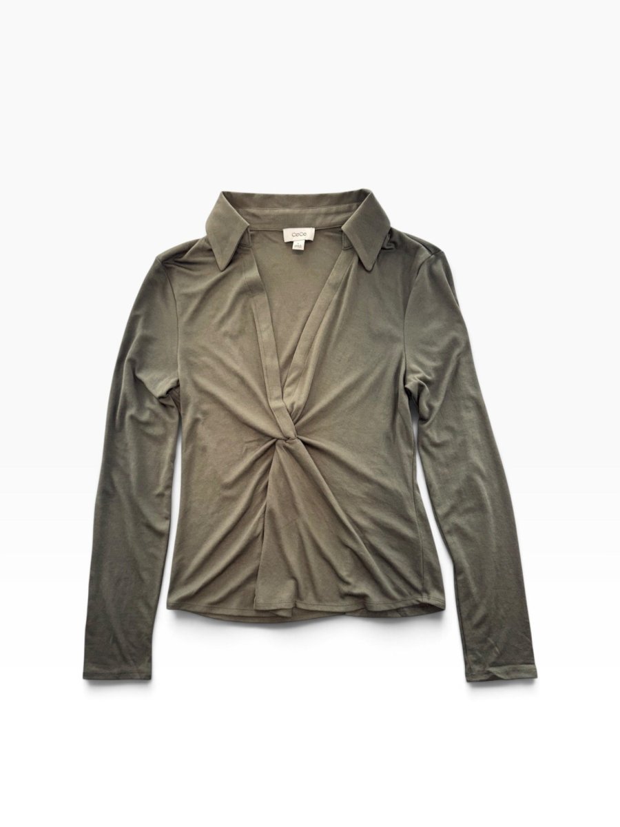 Twist Front Collared Top in Dark Green — front flat lay showing point collar, V-neck and twist detail