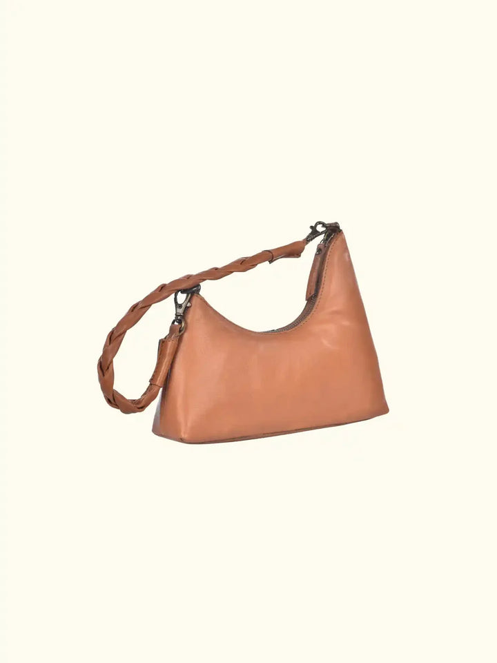 Velutto Washed Leather Shoulder Bag in Caramel — angled front view with braided shoulder strap