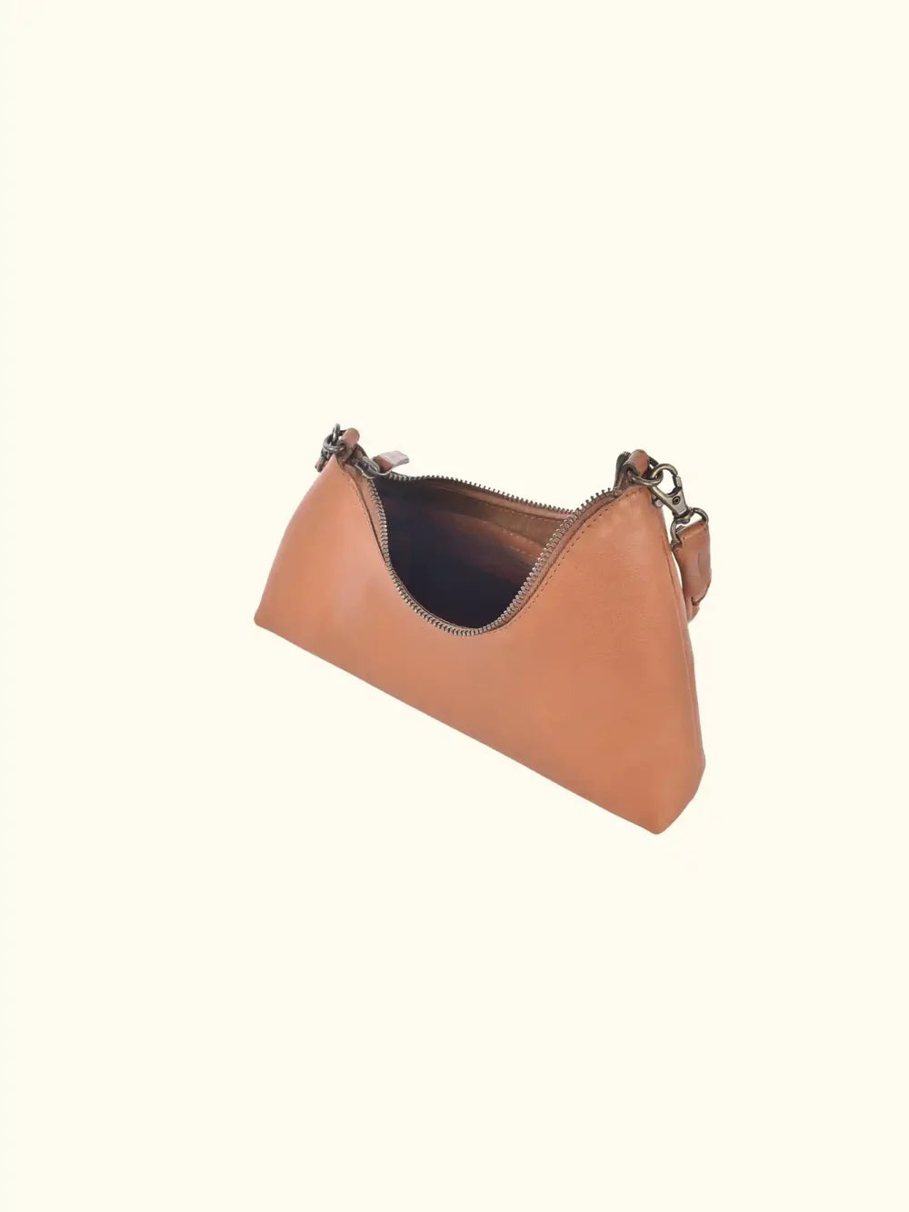 Velutto Washed Leather Shoulder Bag in Caramel — open-top view showing zip closure
