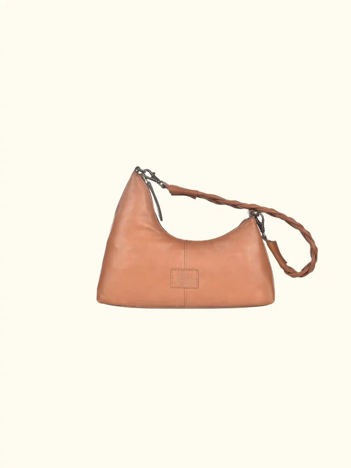 Velutto Washed Leather Shoulder Bag in Caramel — rear view showing smooth leather panel and strap