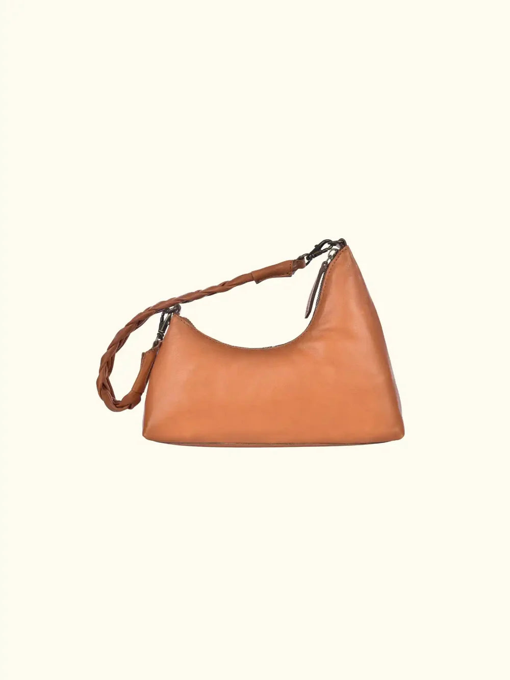 Velutto Washed Leather Shoulder Bag in Caramel — rear three-quarter view of sculpted bag shape