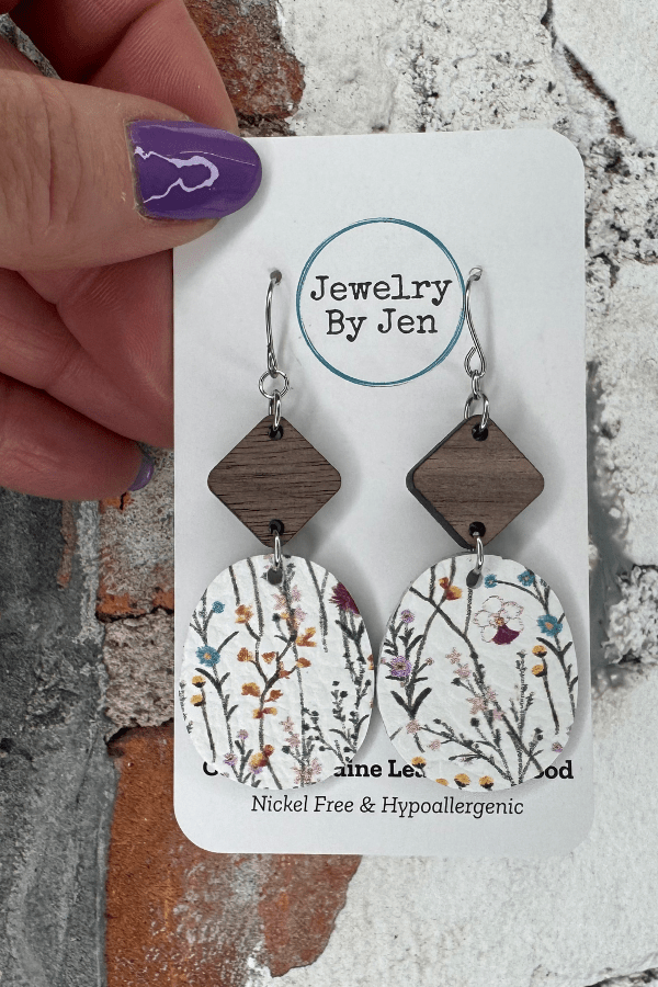 Jewelry By Jen earrings on a card with floral design