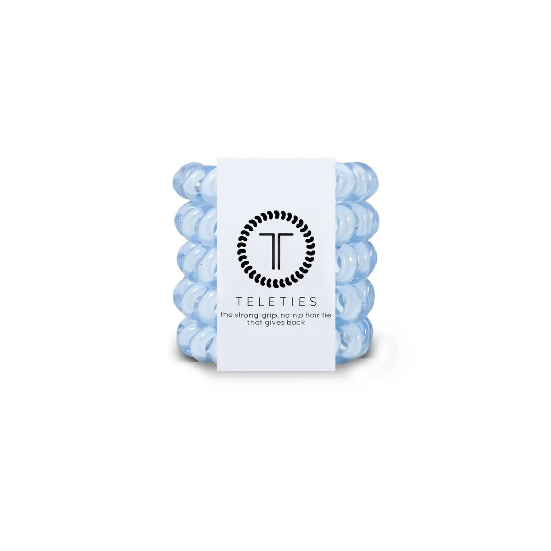 A package of TELETIES tiny blue hair ties designed for kids and fine hair.