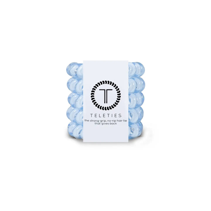 A package of TELETIES tiny blue hair ties designed for kids and fine hair.