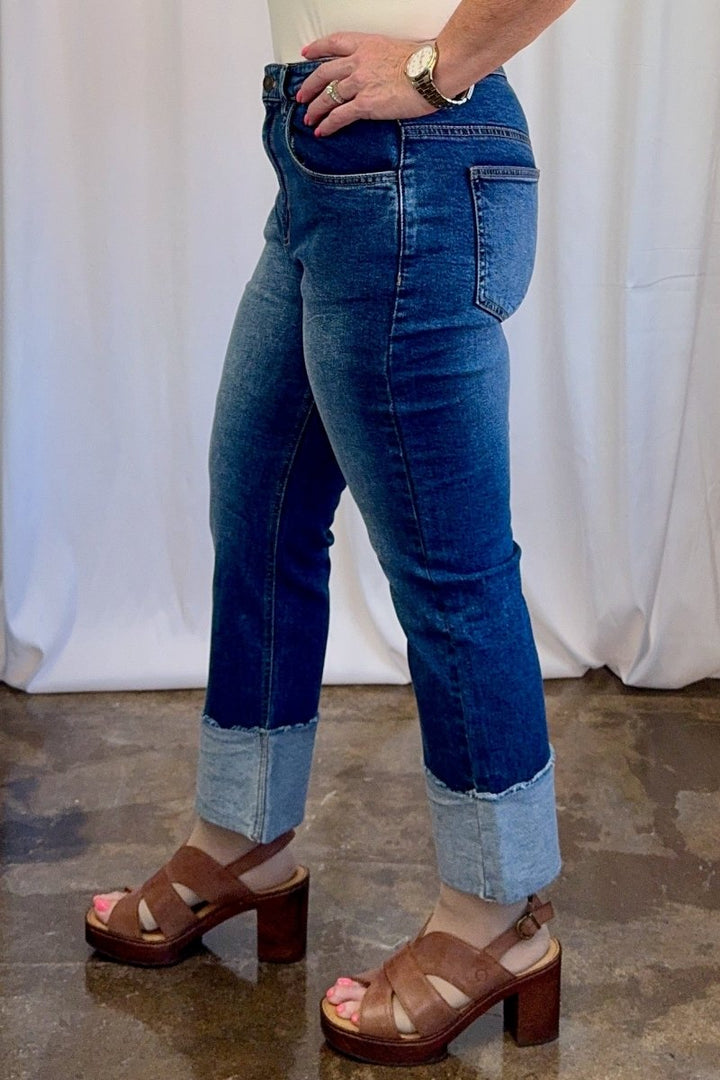 Wide Cuff Straight Leg Crop Jean in Blue by Carole Christian — front view on model, high rise straight leg with 4.5" stitched cuff hem