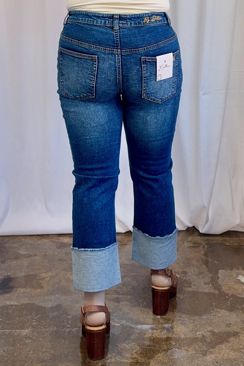 Wide Cuff Straight Leg Crop Jean in Blue by Carole Christian — right side view with straight leg silhouette and raw edge cuff hem