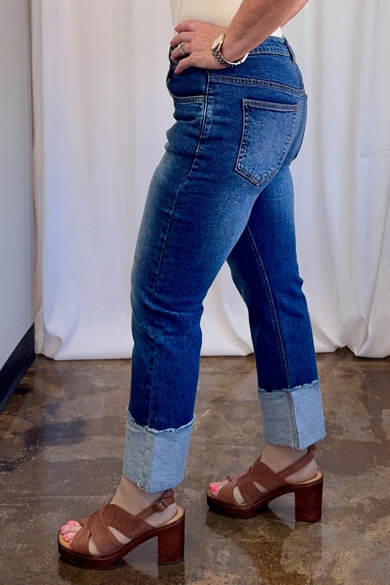 Wide Cuff Straight Leg Crop Jean in Blue by Carole Christian — back view showing back pockets and wide stitched cuff hem