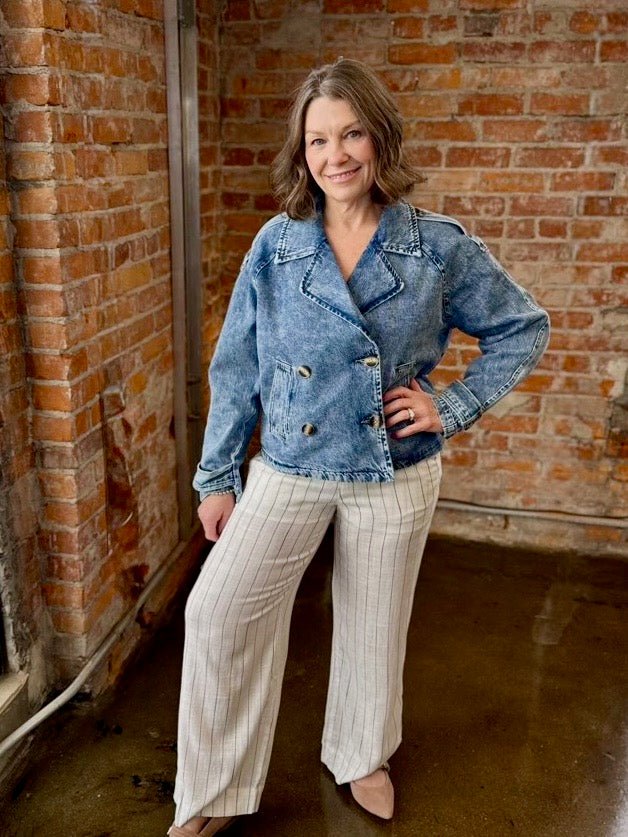 Wide Leg Striped Palazzos in Sand/Black Stripe styled with acid wash double-breasted denim jacket, full outfit view on model