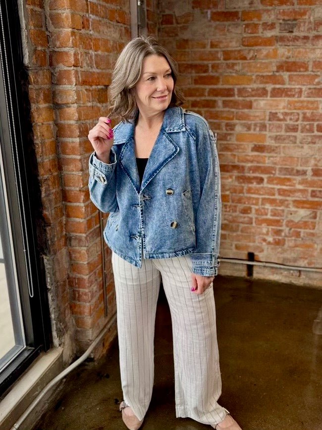 Wide Leg Striped Palazzos styled with double-breasted denim jacket and black tank, lifestyle view on model